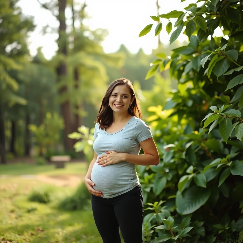 Femme enceinte souriante dans un environnement naturel